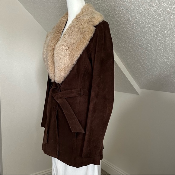 John Carlisle Belted Vintage 70s style Coat 100% Leather Suede Sherpa M Y2K - Picture 2 of 14